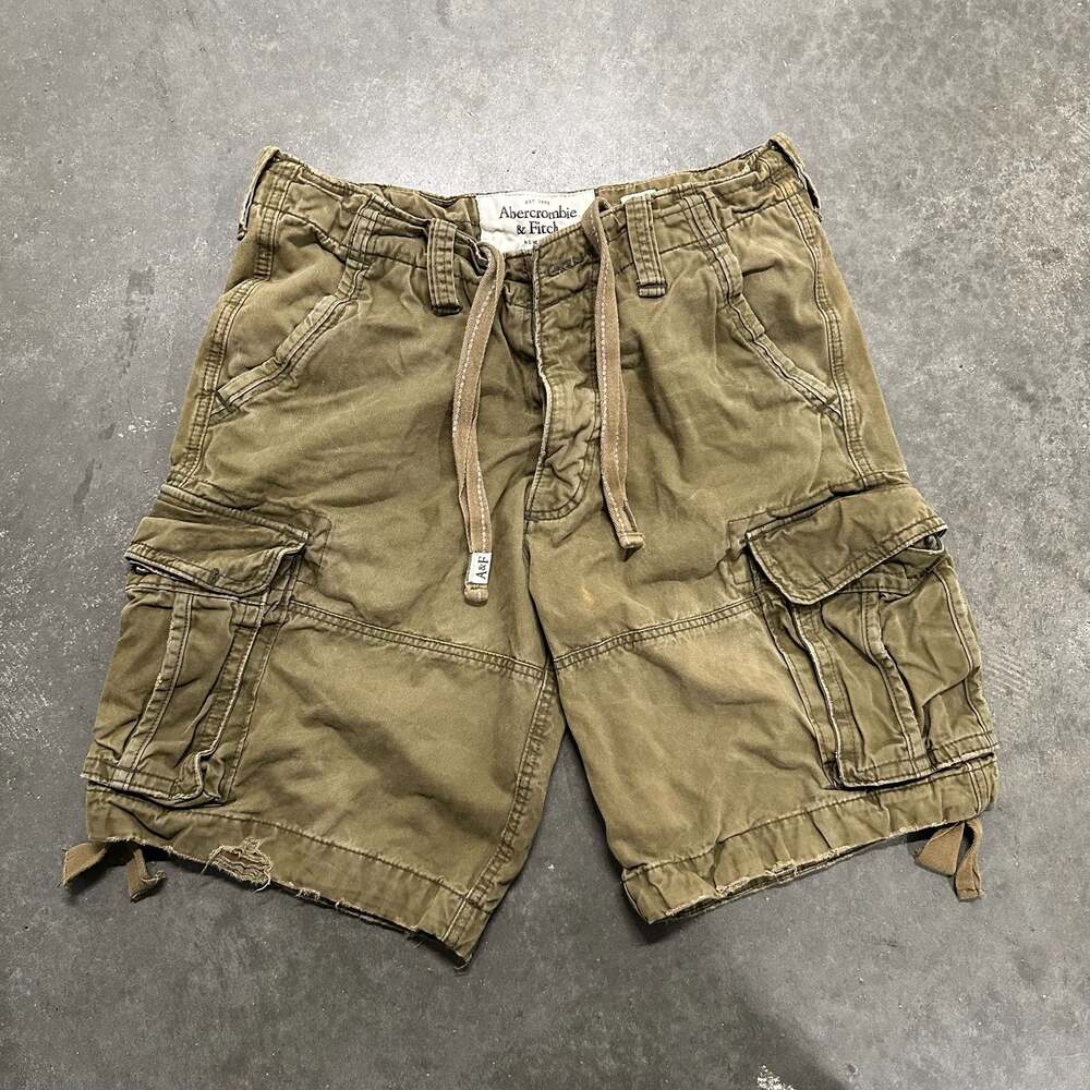 Y2K Abercrombie & Fitch Olive Green Heavy Distressed Cargo Shorts Size 34